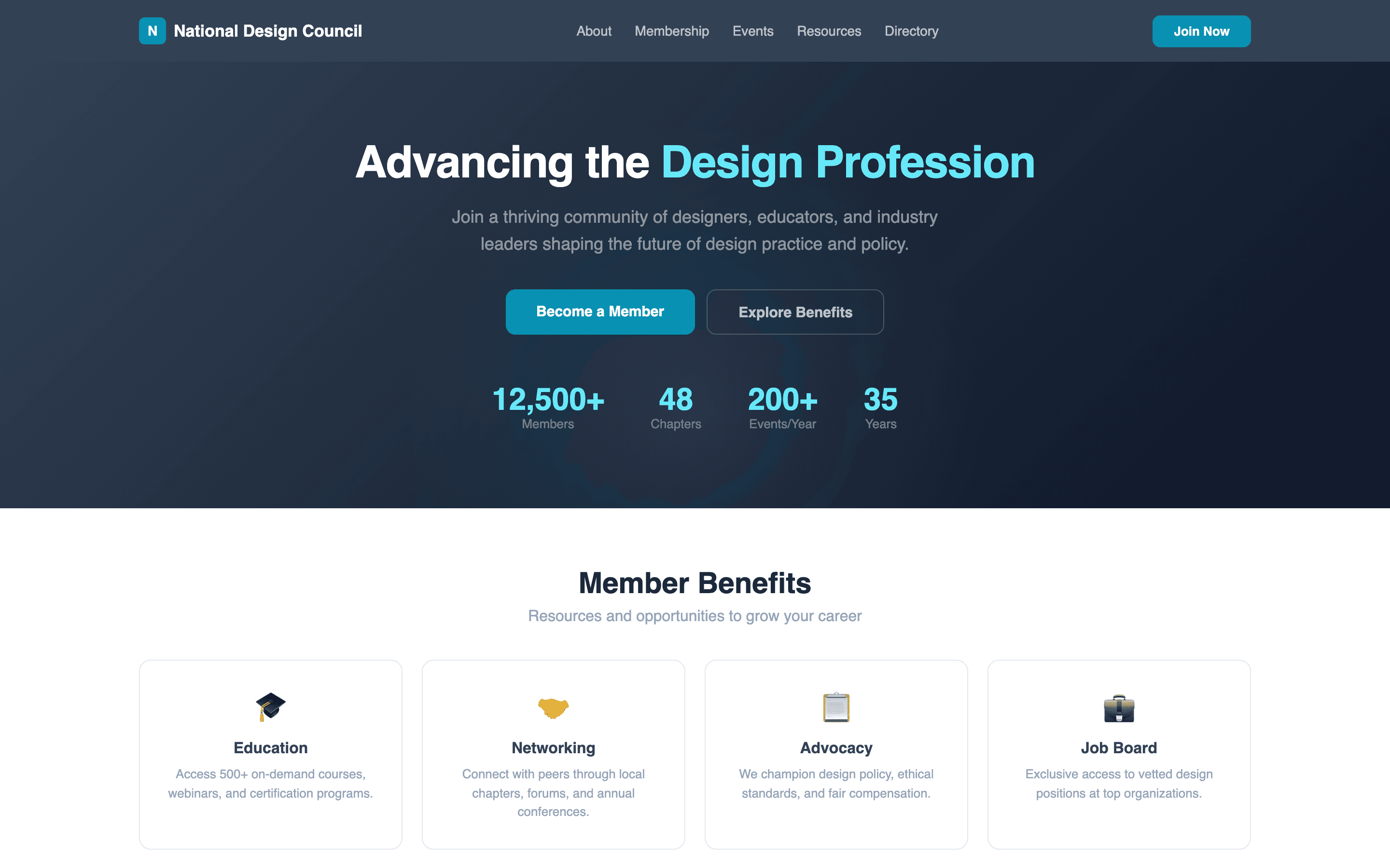 Association homepage with membership hero, benefits grid, and upcoming events