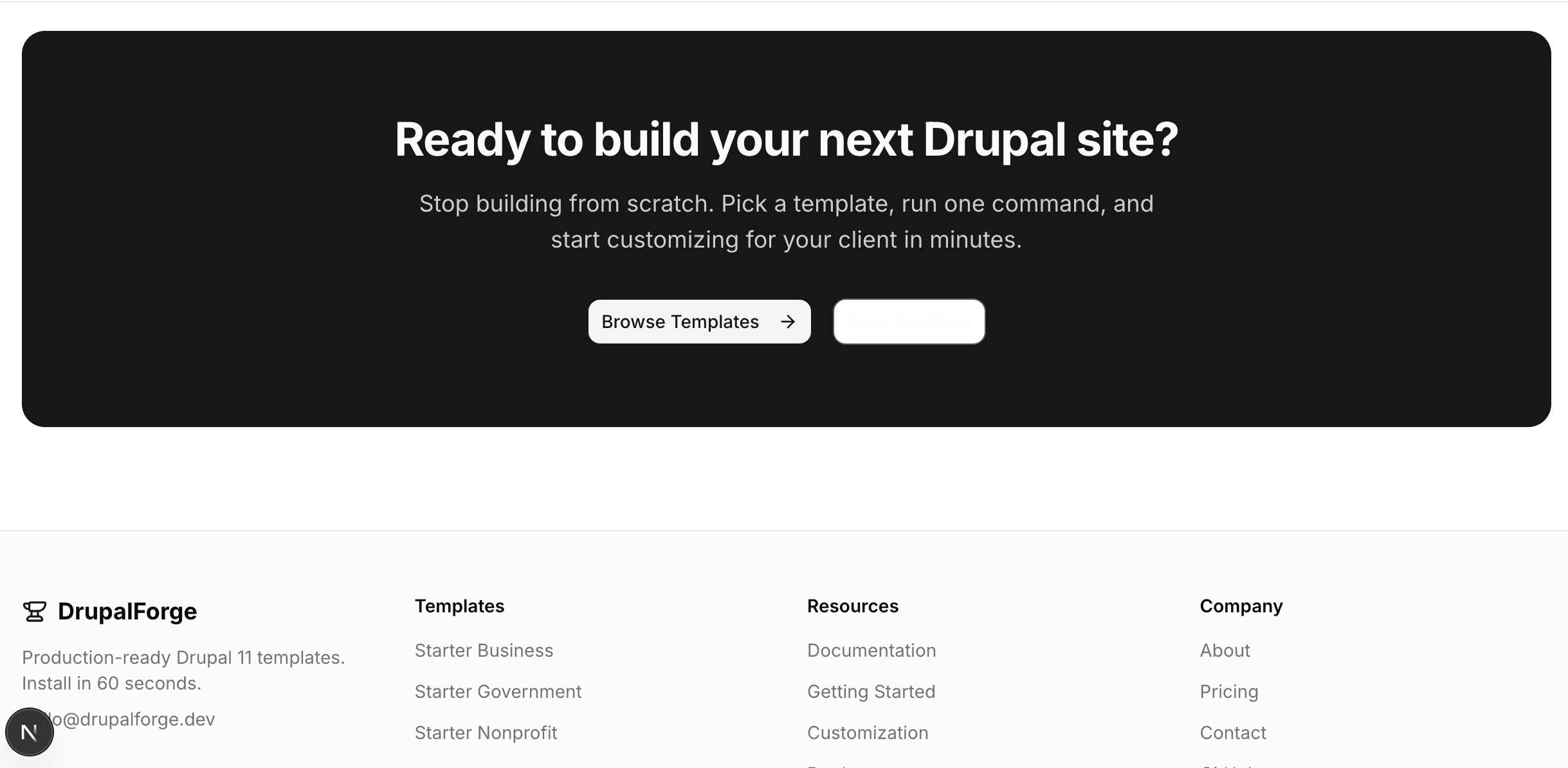 Call-to-action banner and footer with navigation links