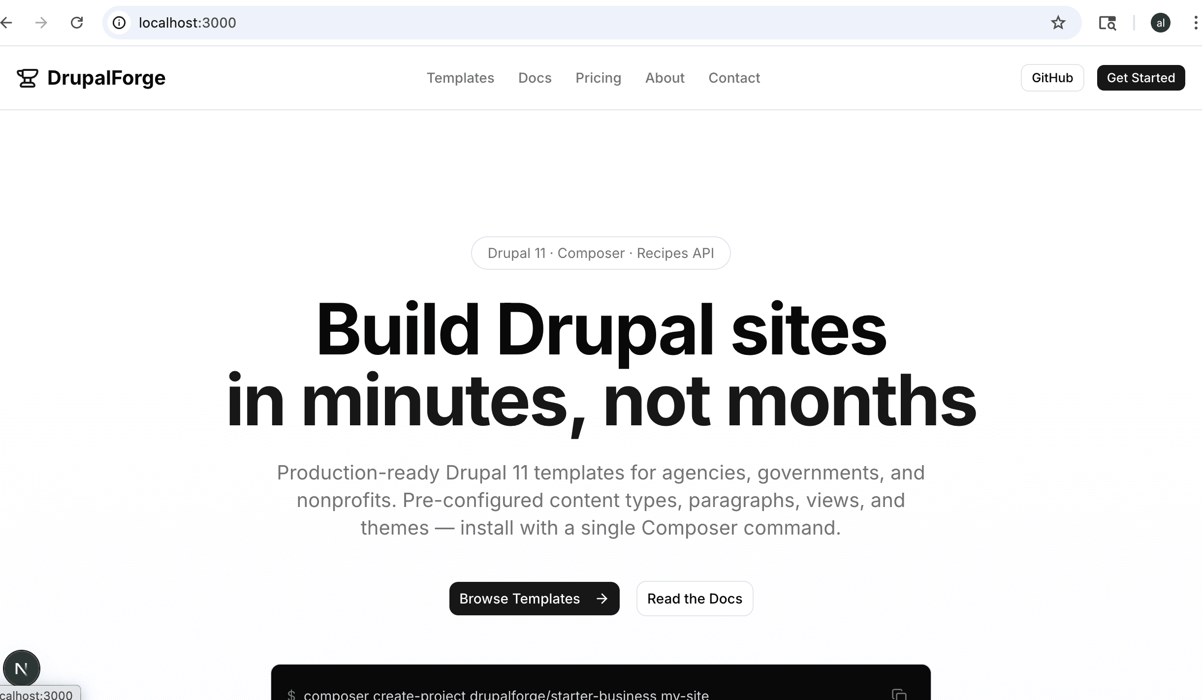 DrupalReady homepage hero section with headline and navigation