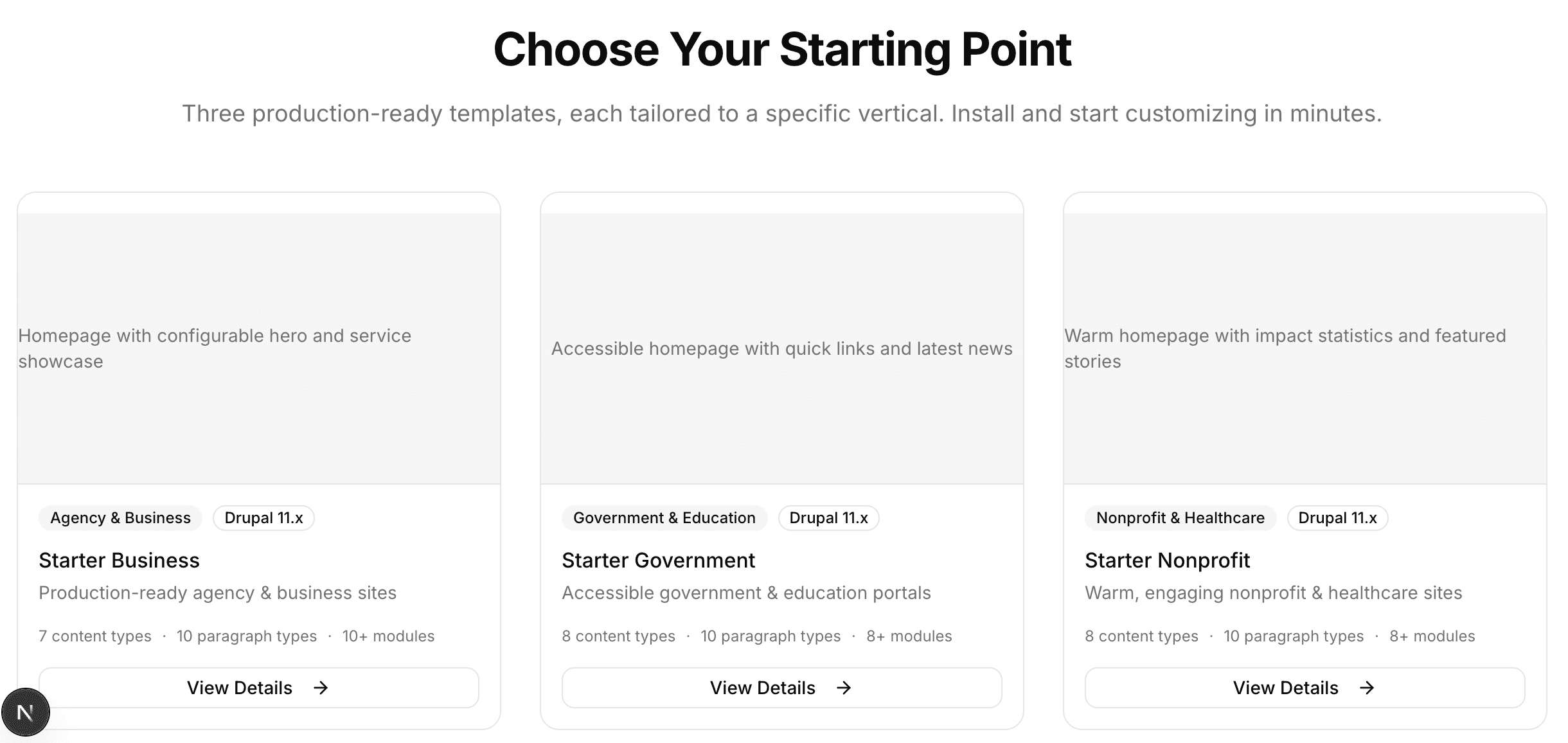 Template catalog showing three starter templates