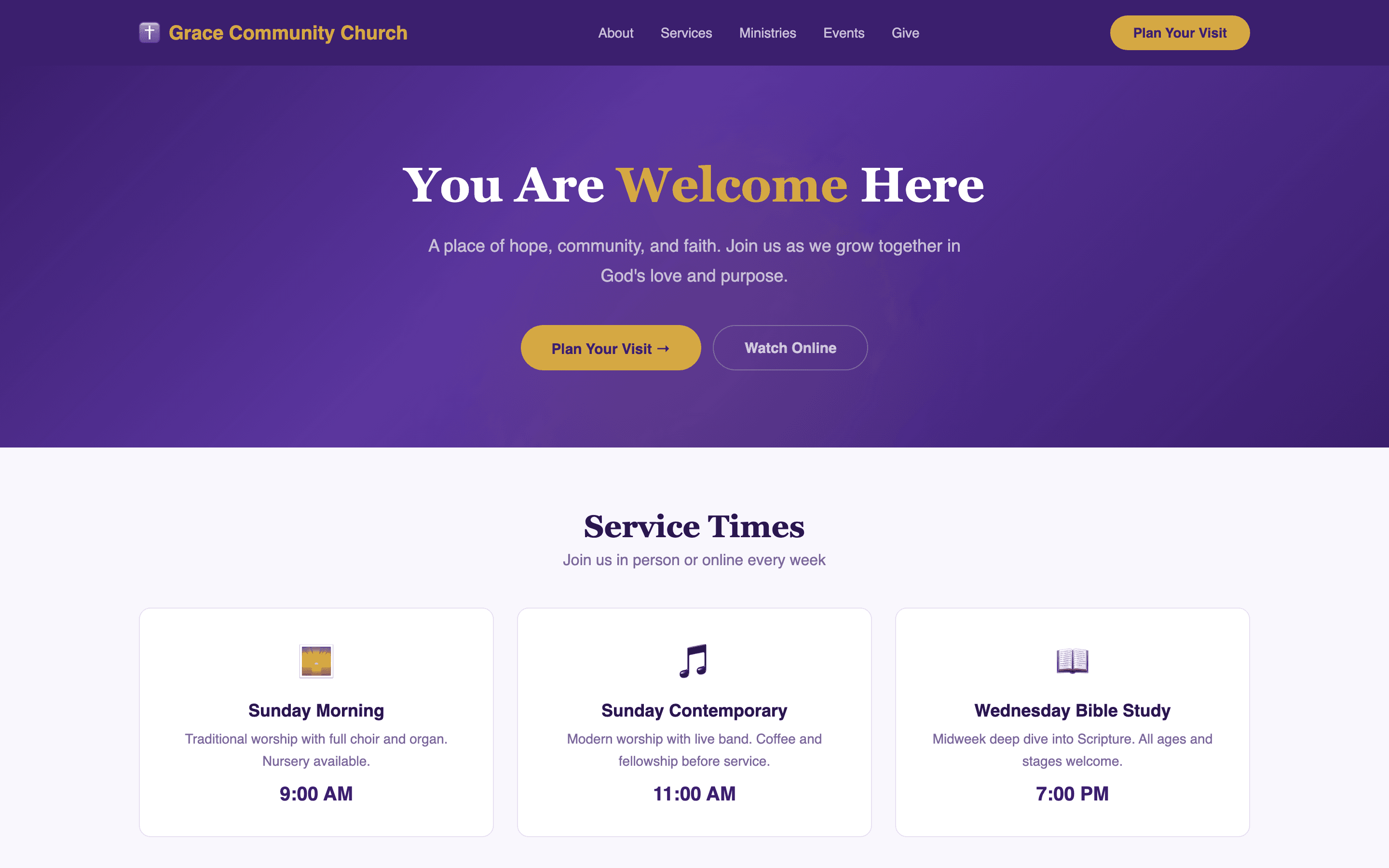 Church homepage with welcoming hero, service times, and ministry highlights