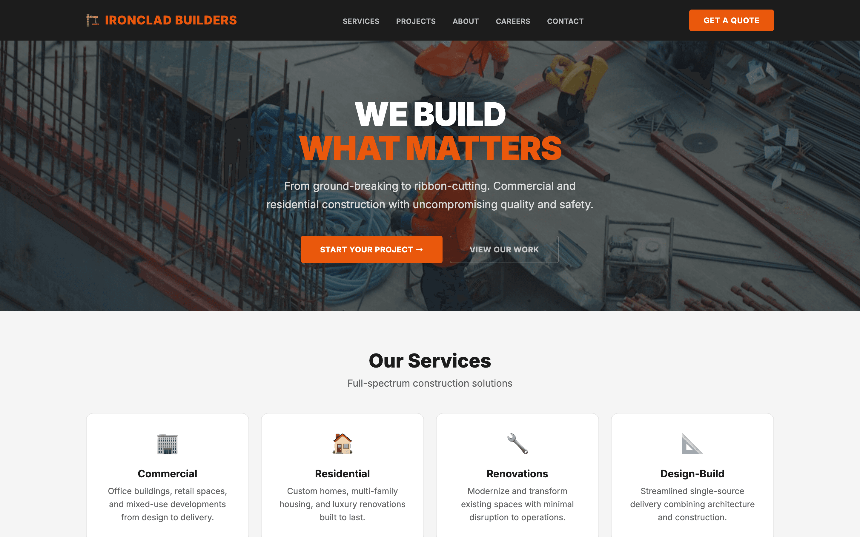 Construction company homepage with bold hero, project showcase, and safety stats