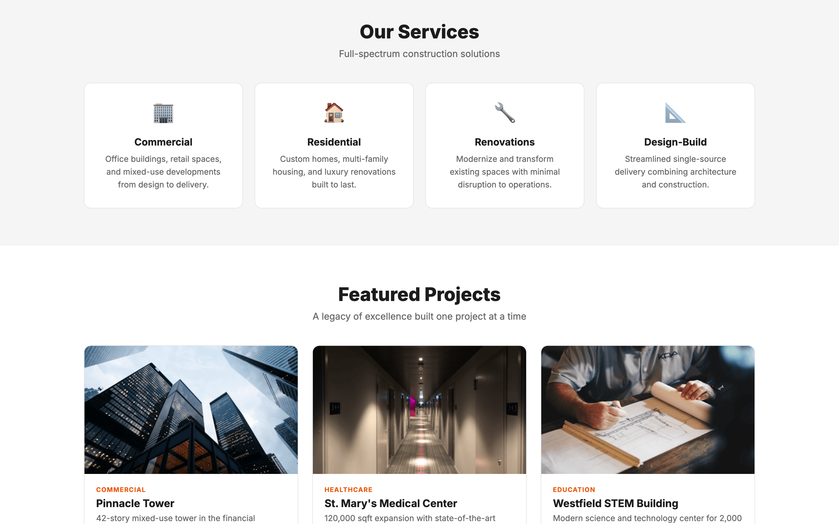 Services page with commercial, residential, and renovation categories