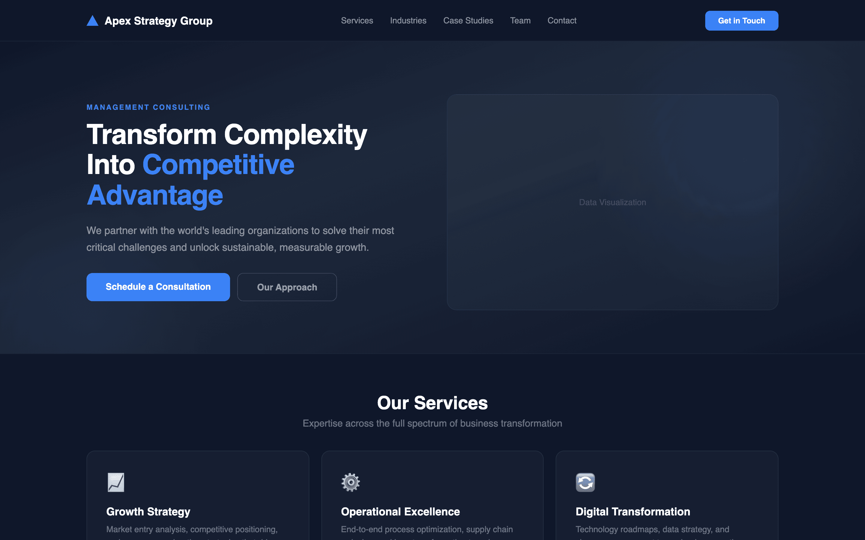 Consulting firm homepage with professional hero and service highlights