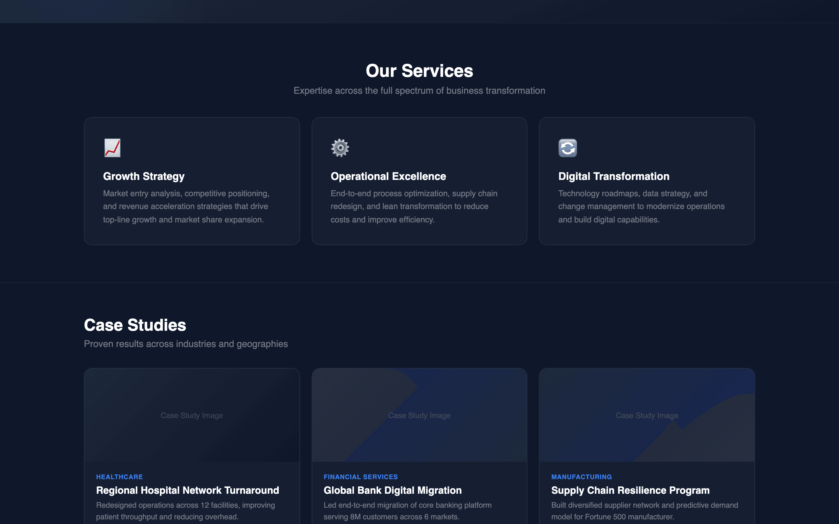 Services page with strategy, operations, digital transformation cards