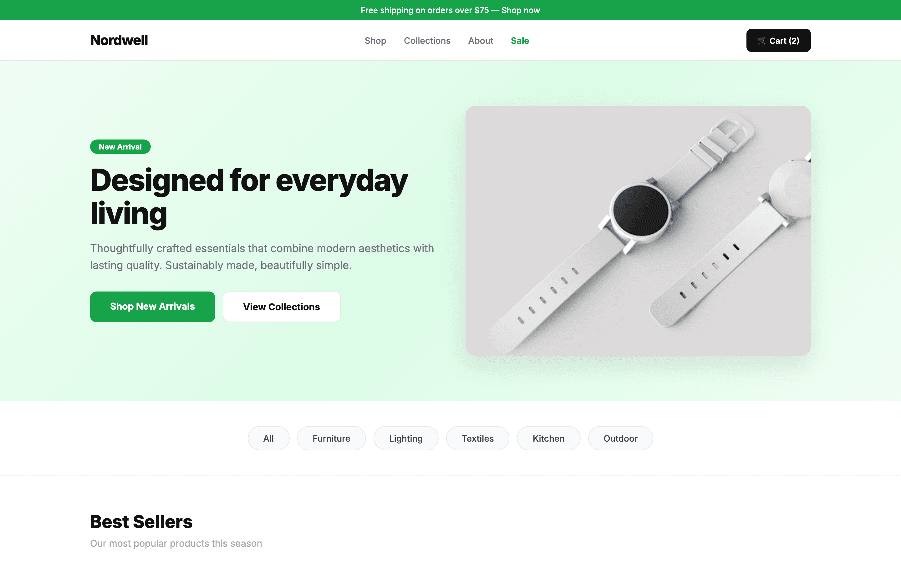 E-commerce homepage with product hero, collection banners, and featured items