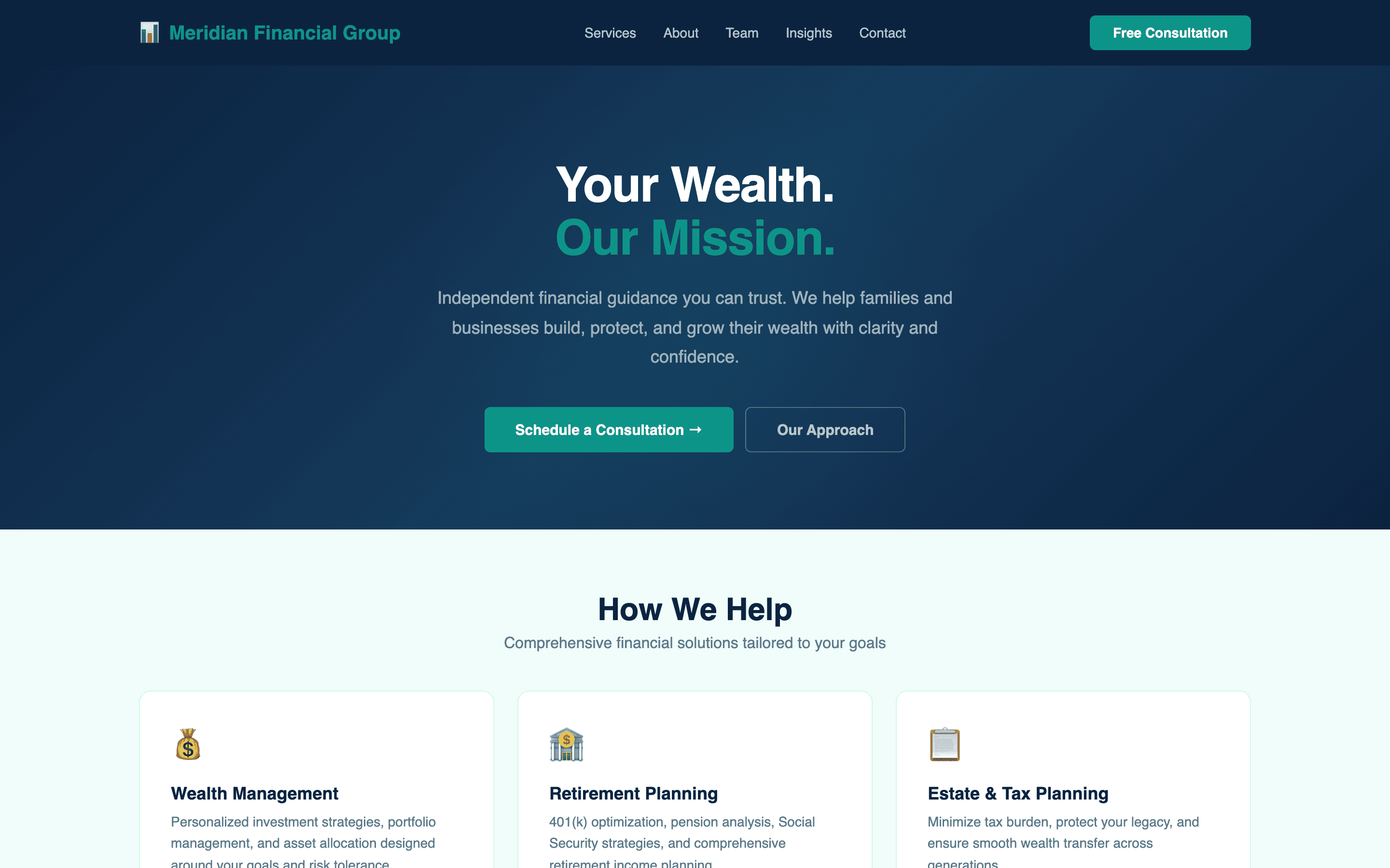 Financial advisor homepage with trust-building hero and service highlights
