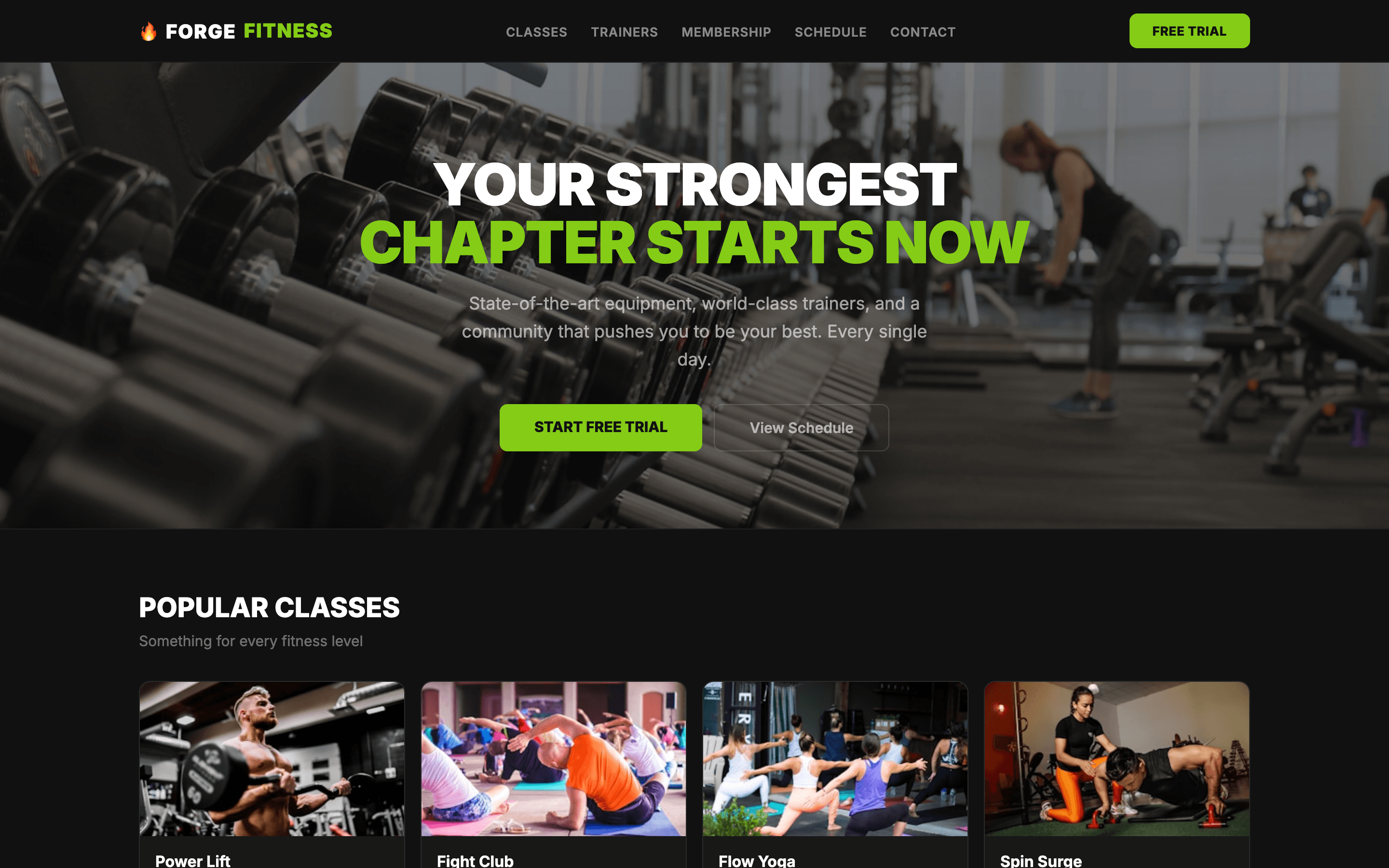Fitness studio homepage with bold dark hero and class schedule preview