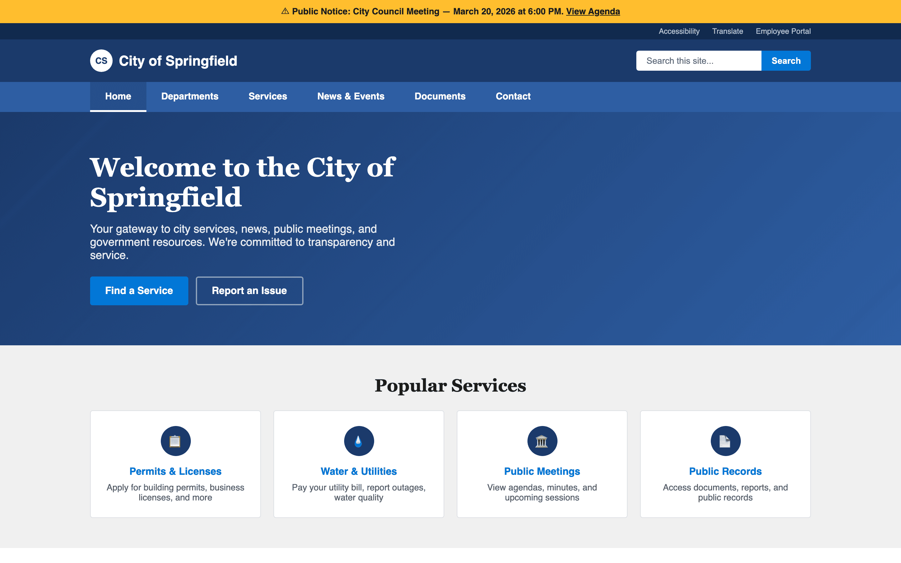 Government portal homepage with alert banner, navigation, hero section, and popular services