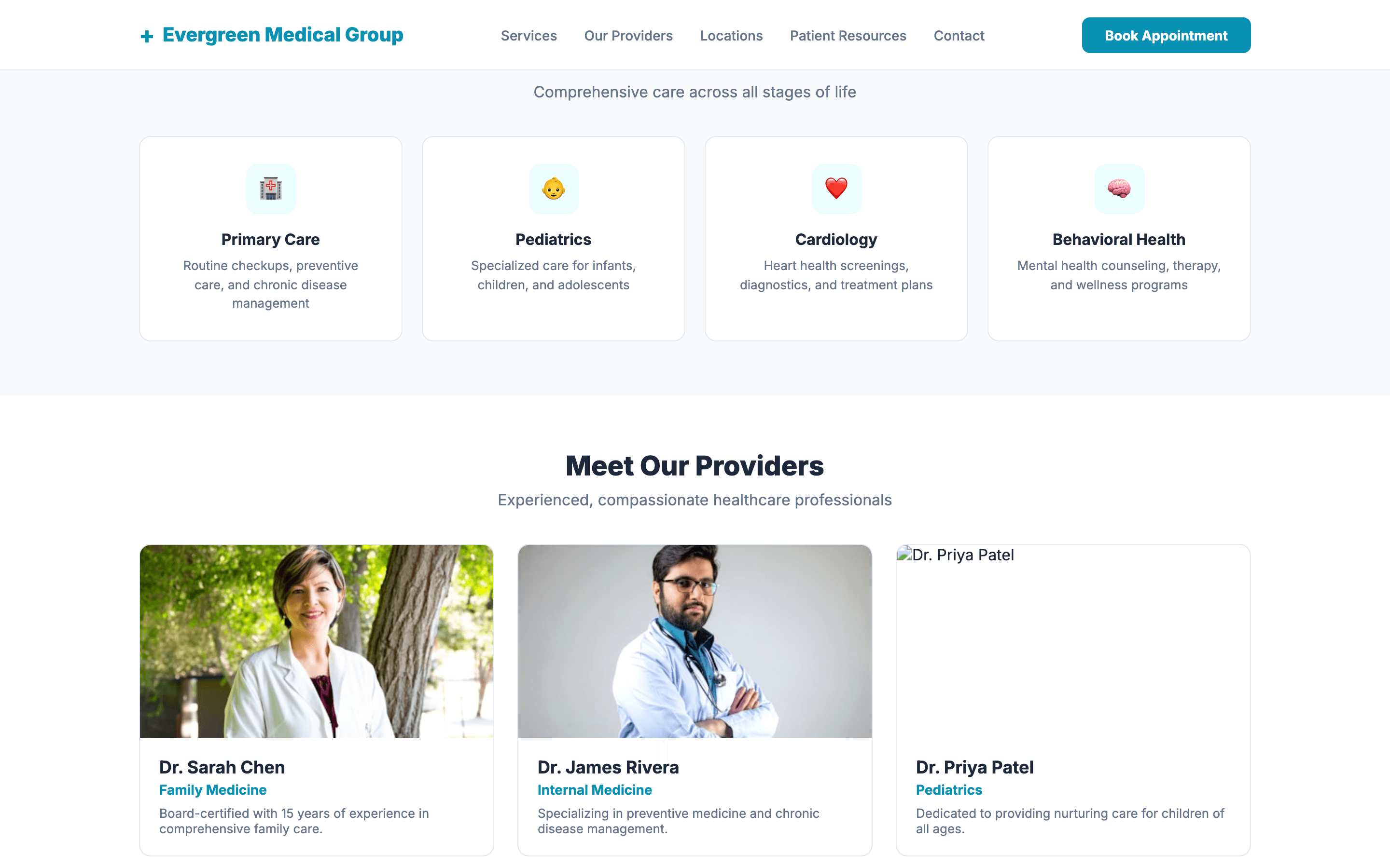 Services section showing primary care, pediatrics, cardiology, and behavioral health