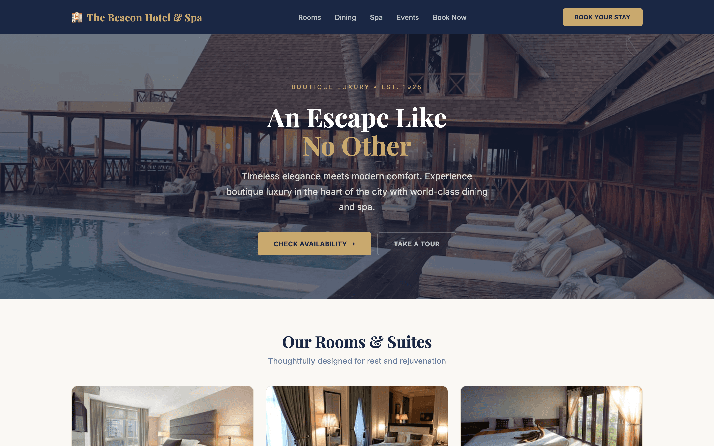 Hotel homepage with luxury hero imagery, booking widget, and room highlights