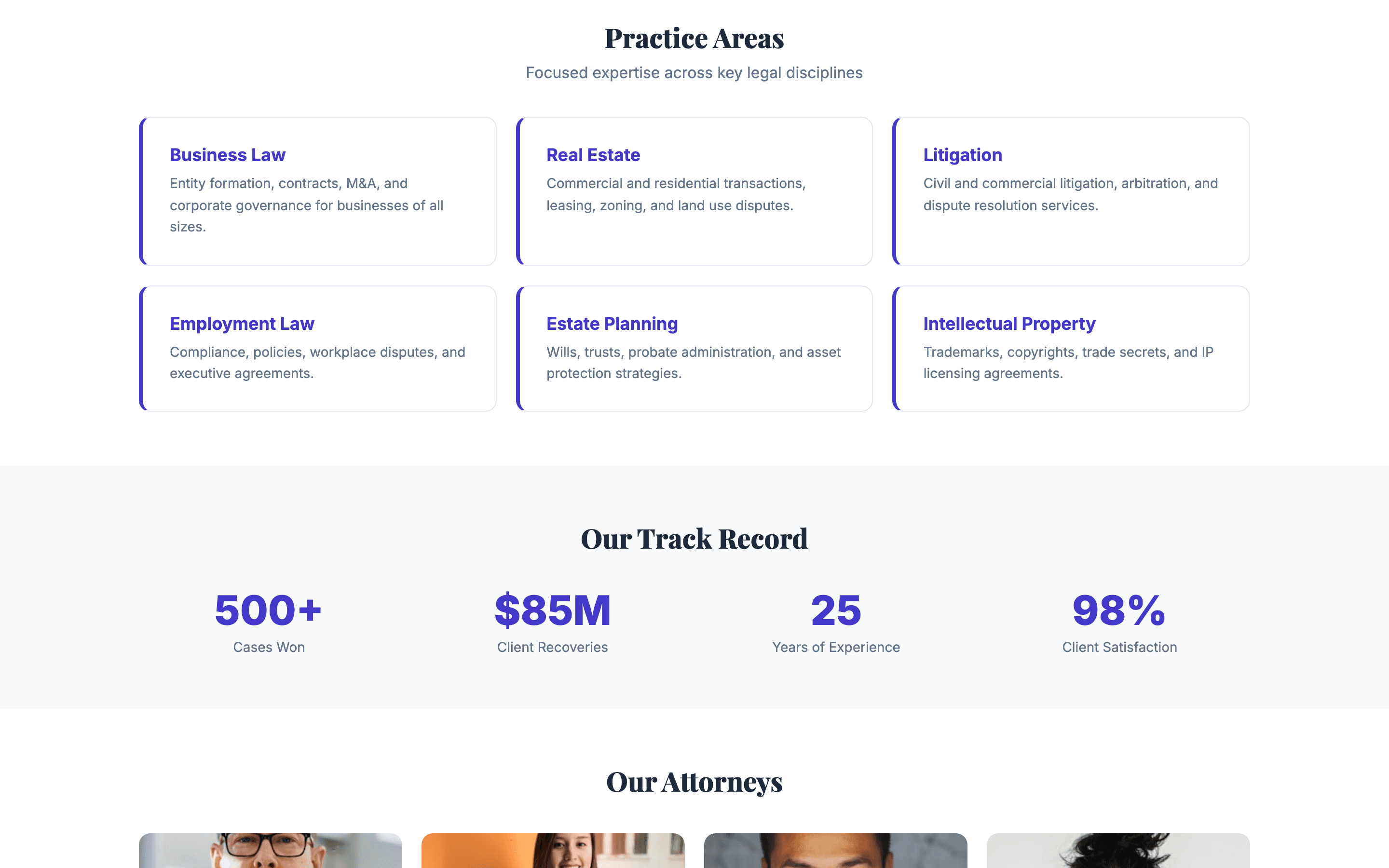 Practice areas section with business law, real estate, litigation cards