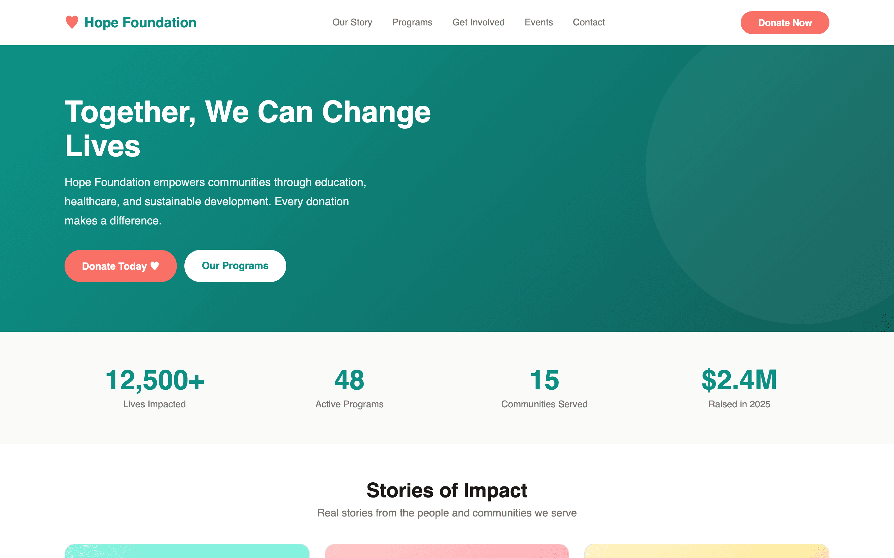 Nonprofit homepage with teal hero, impact stats, and stories of impact