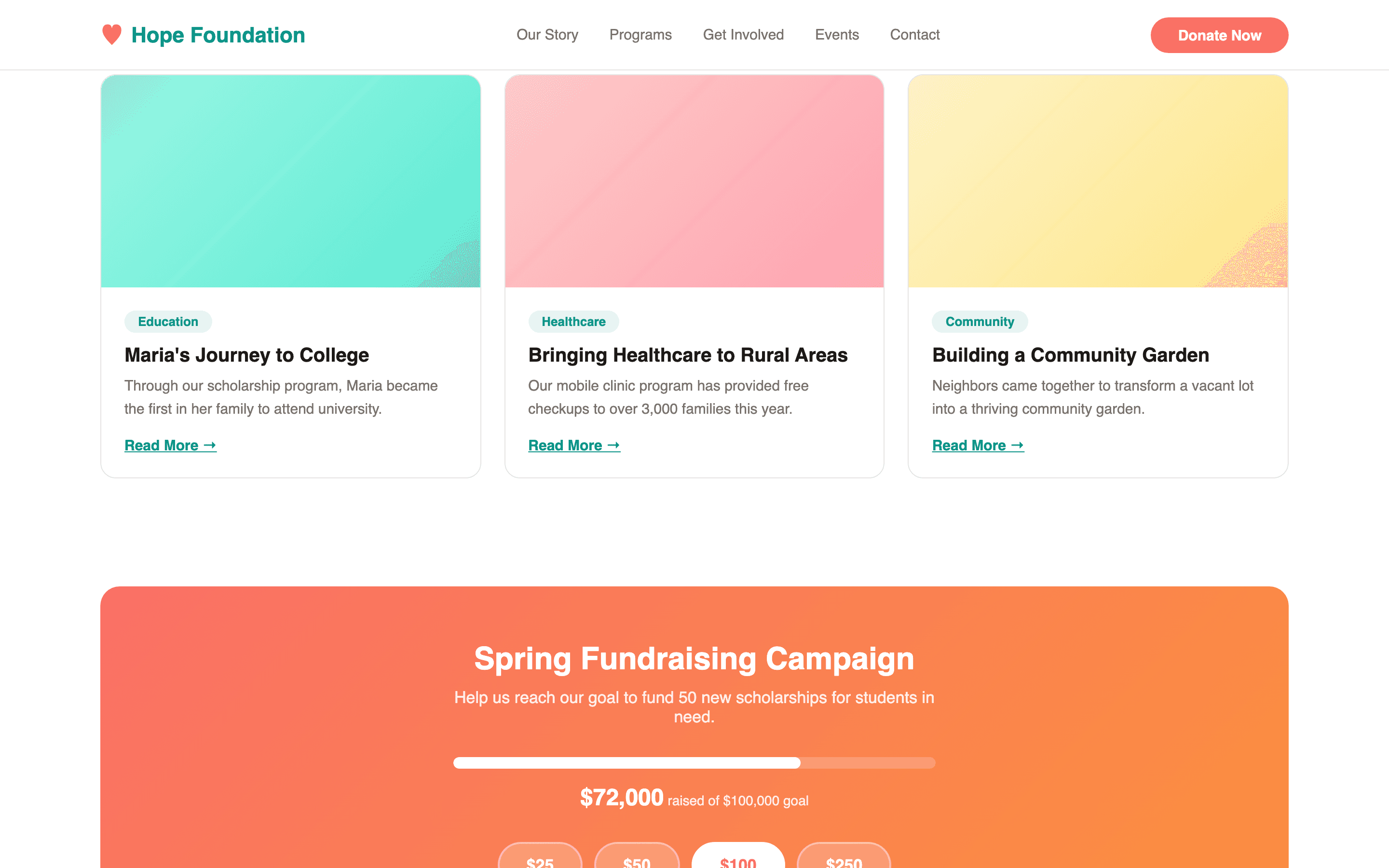 Stories of impact section with education, healthcare, and community cards