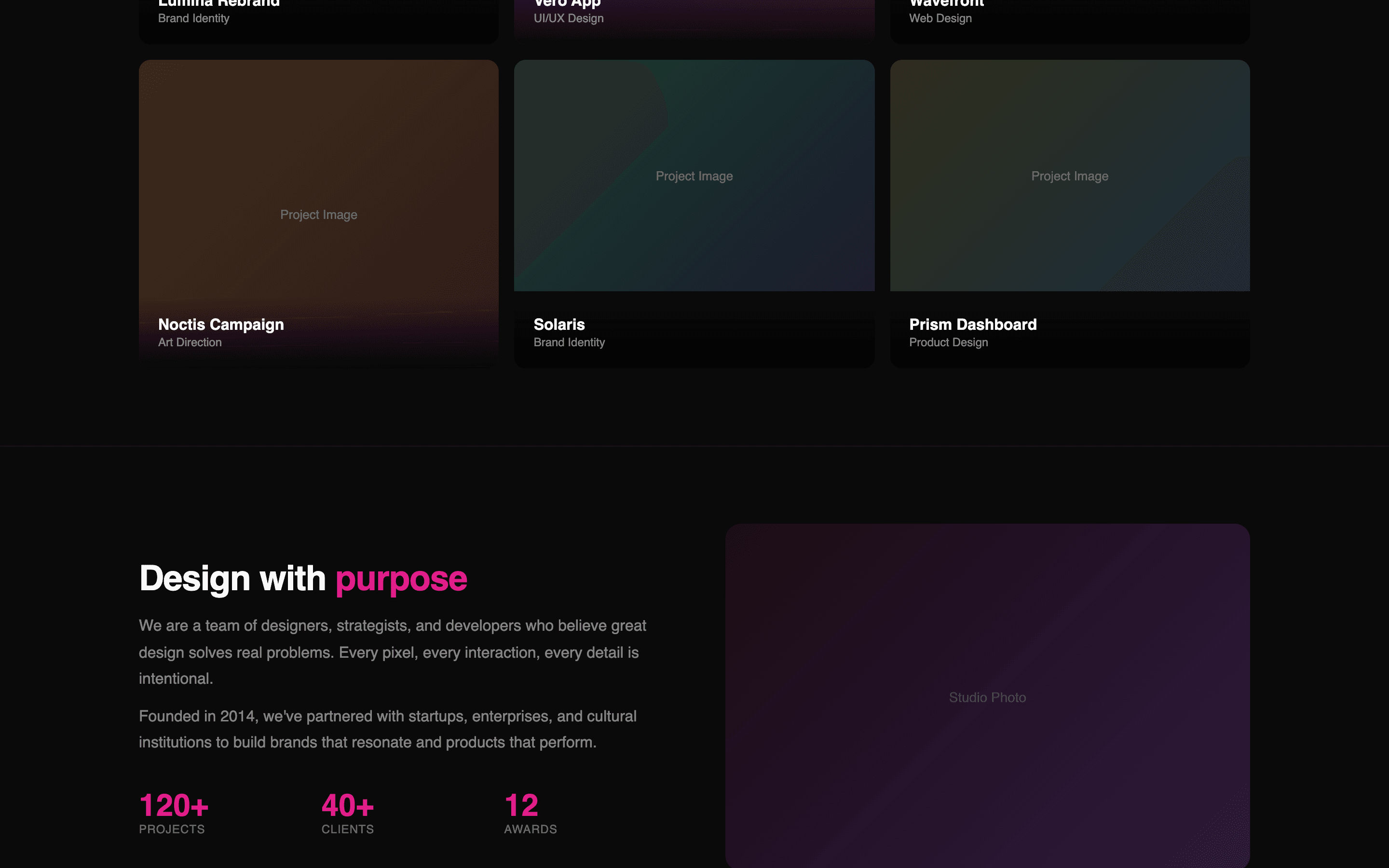 About page with split layout, photo, and skills section