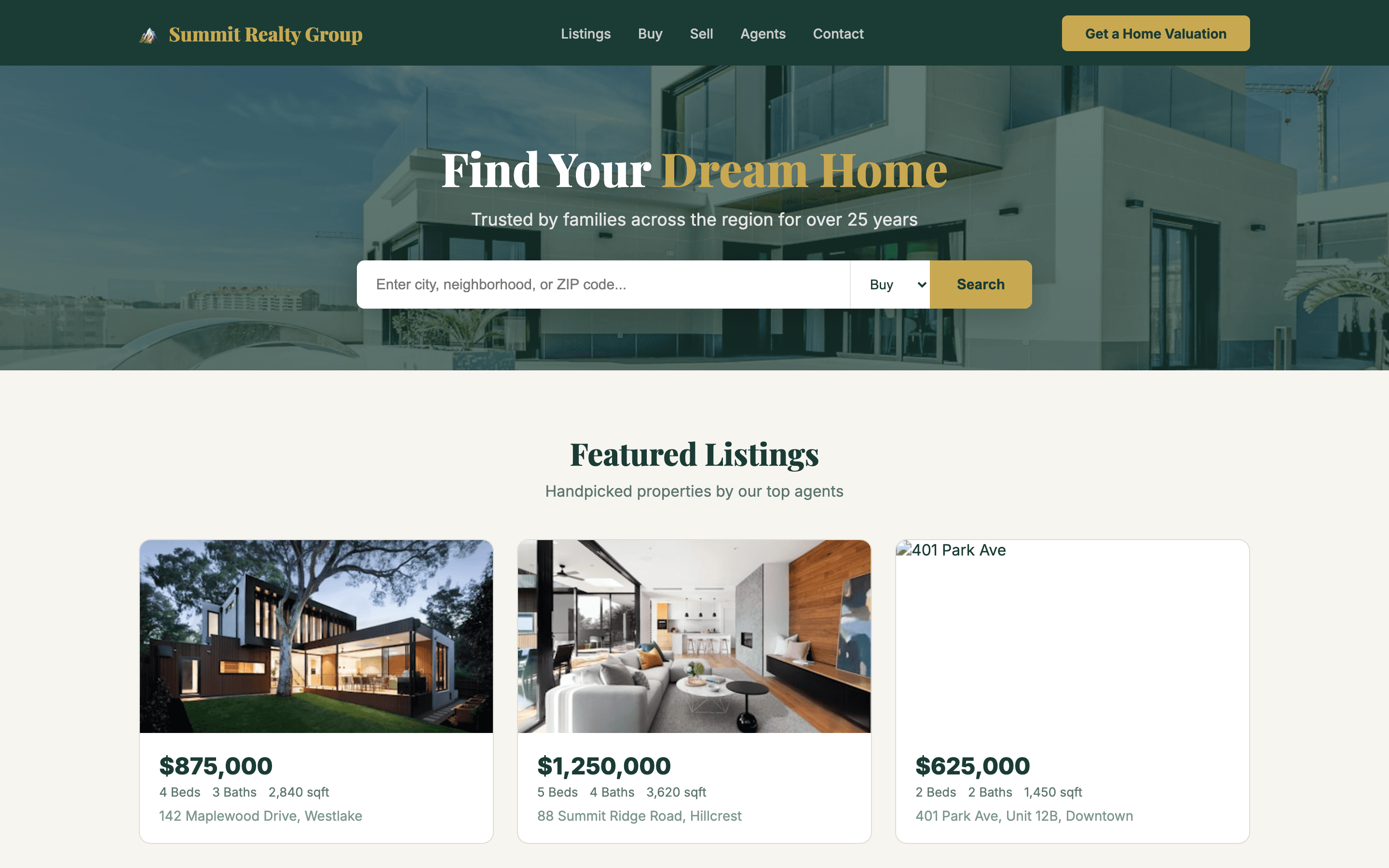 Real estate homepage with property search hero and featured listings