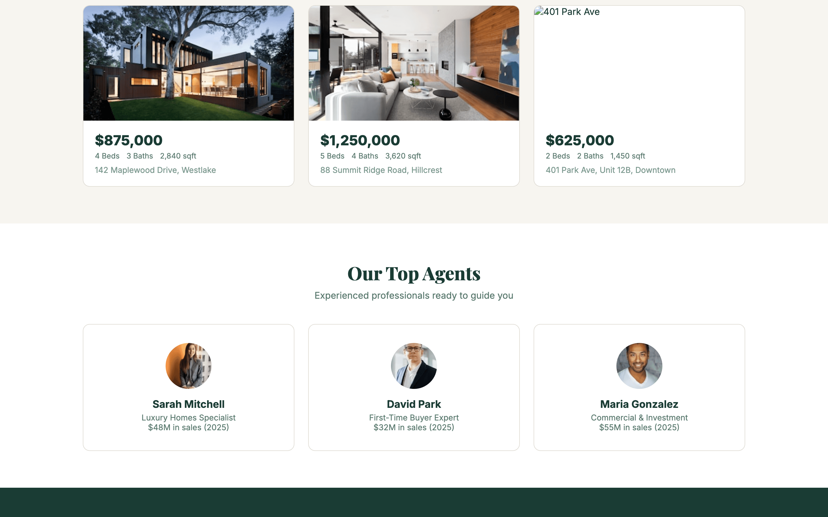Property listings grid with filters for price, bedrooms, and location