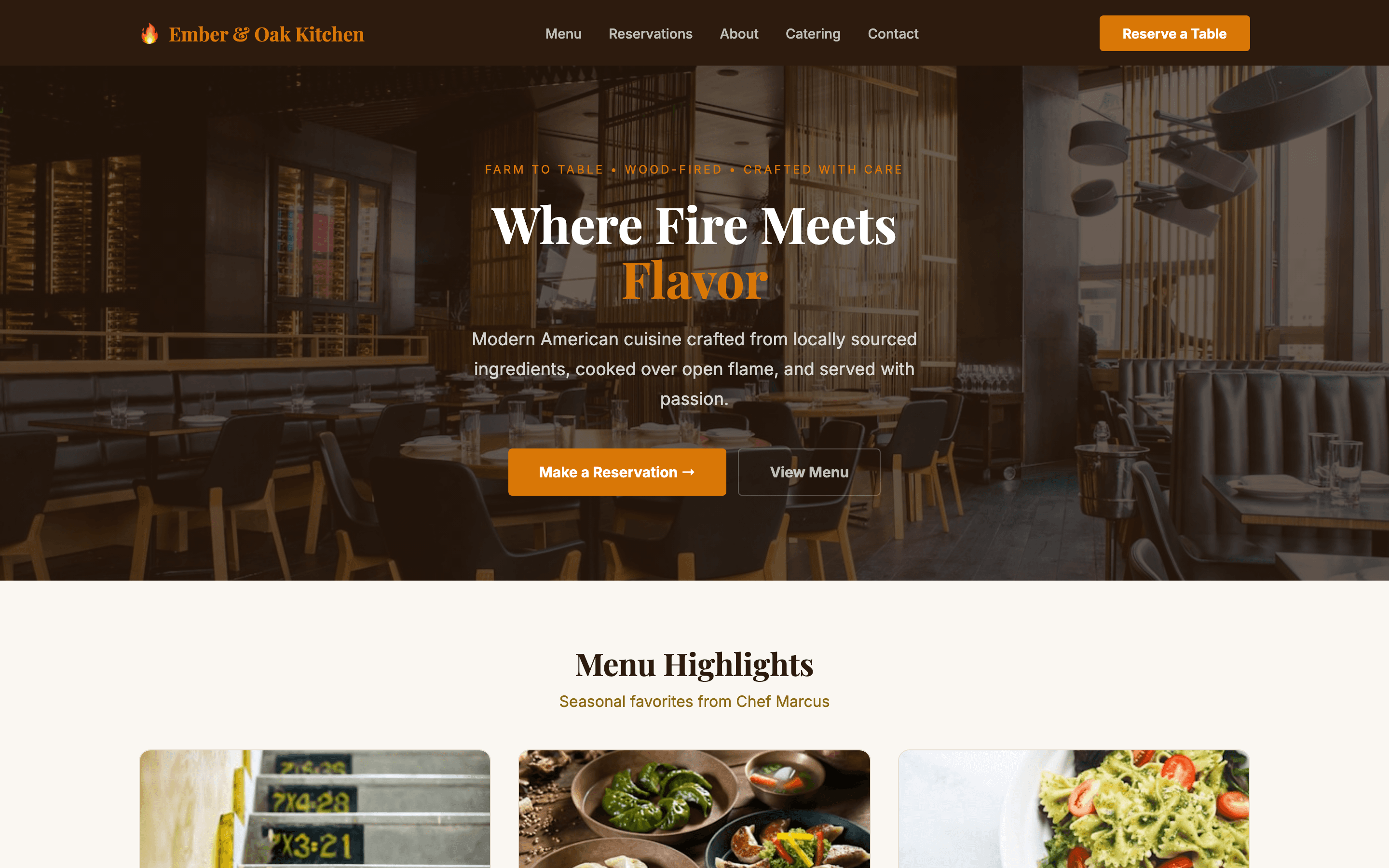 Restaurant homepage with fullscreen food photography and reservation CTA