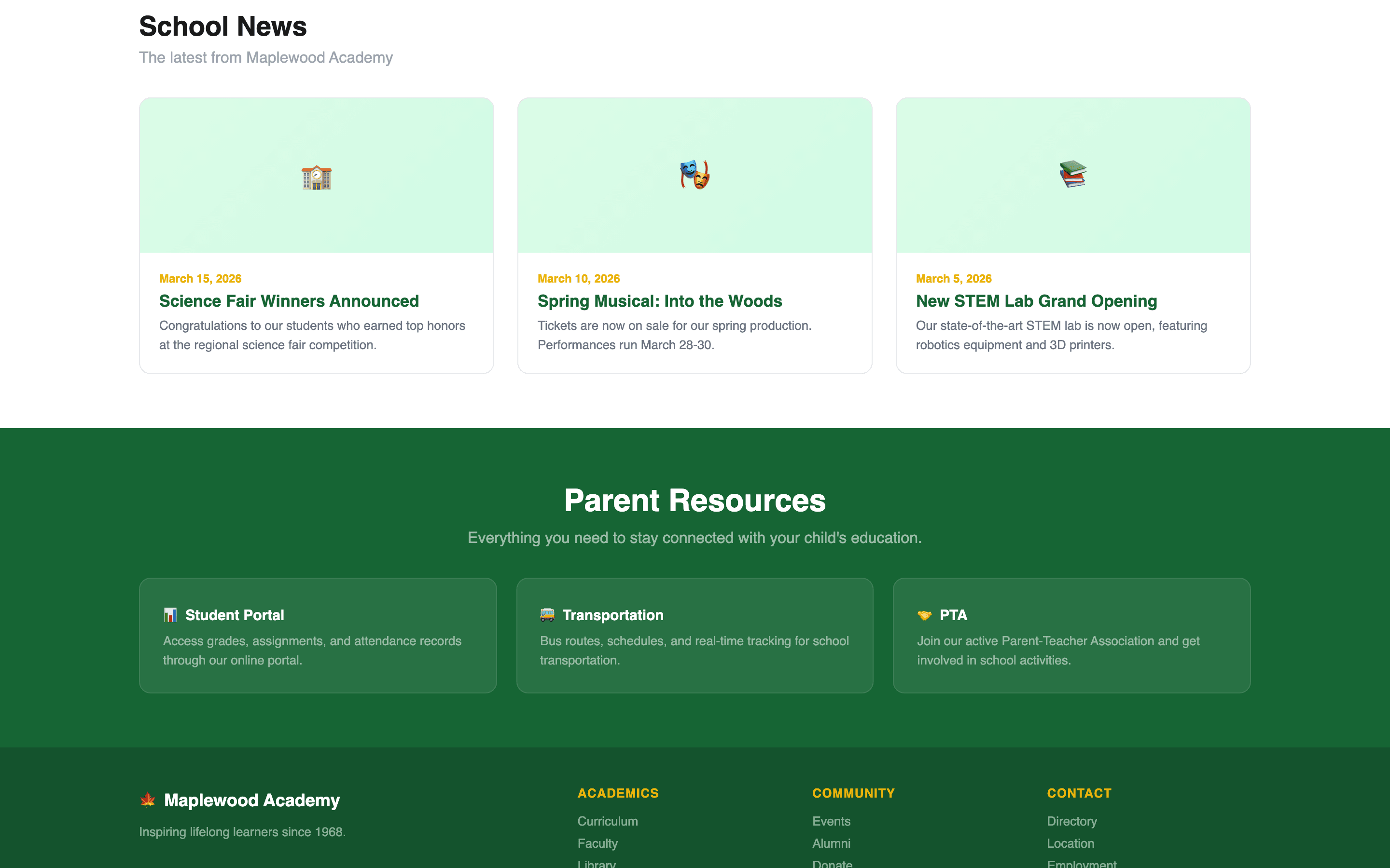 School news and announcements with photo cards and dates
