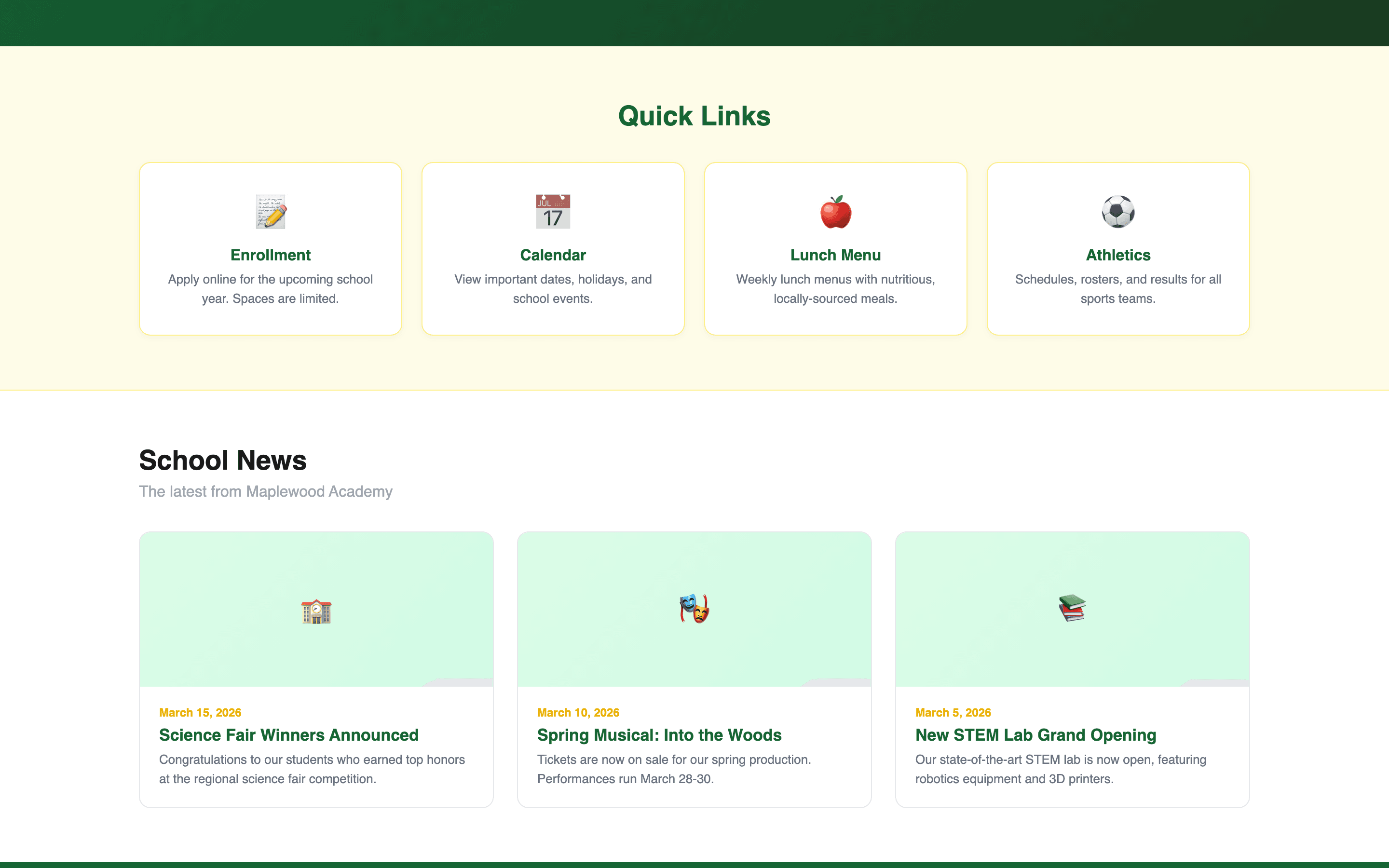 Quick links section with enrollment, calendar, lunch menu, and athletics