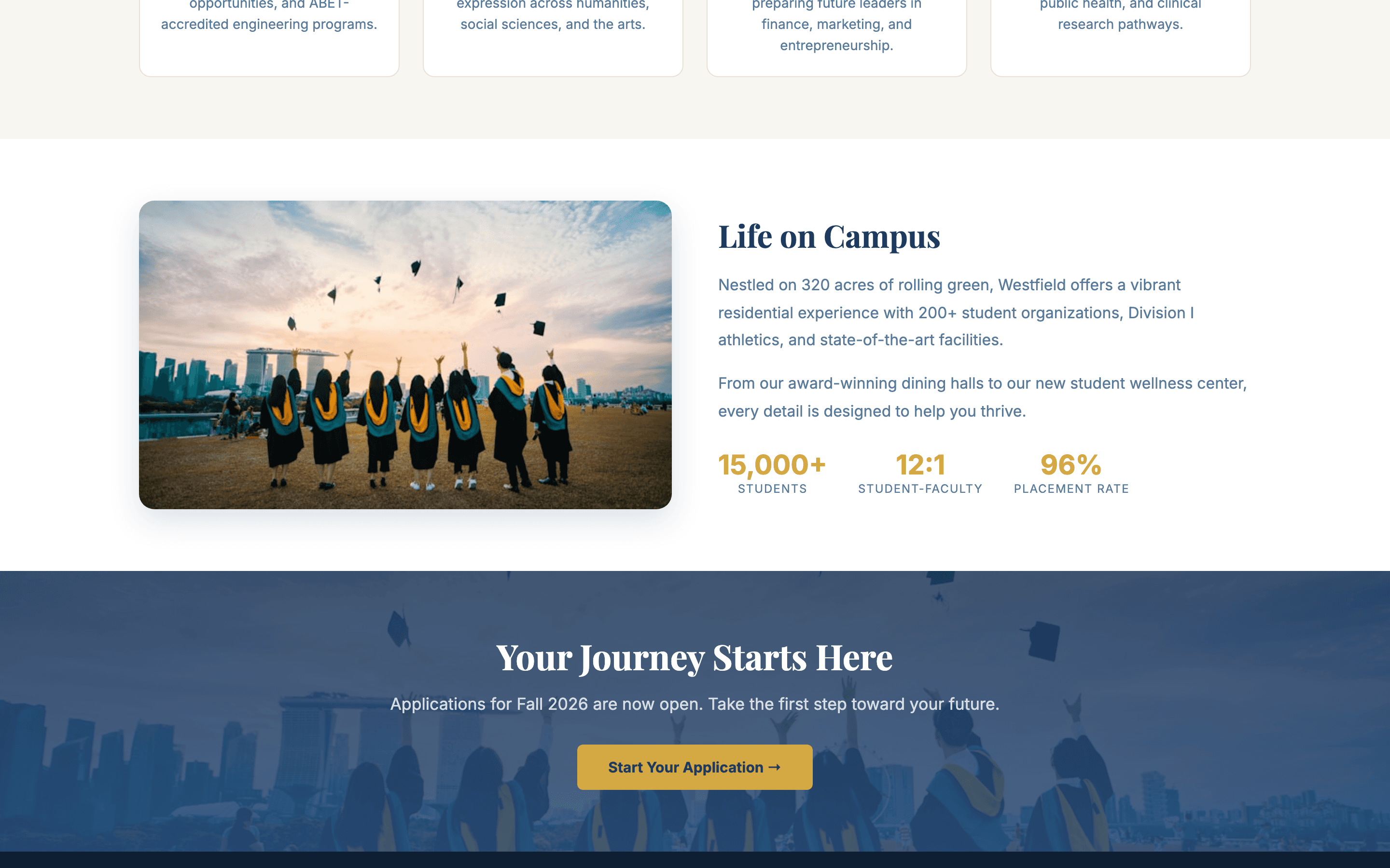 Campus life section with events, resources, and student activities