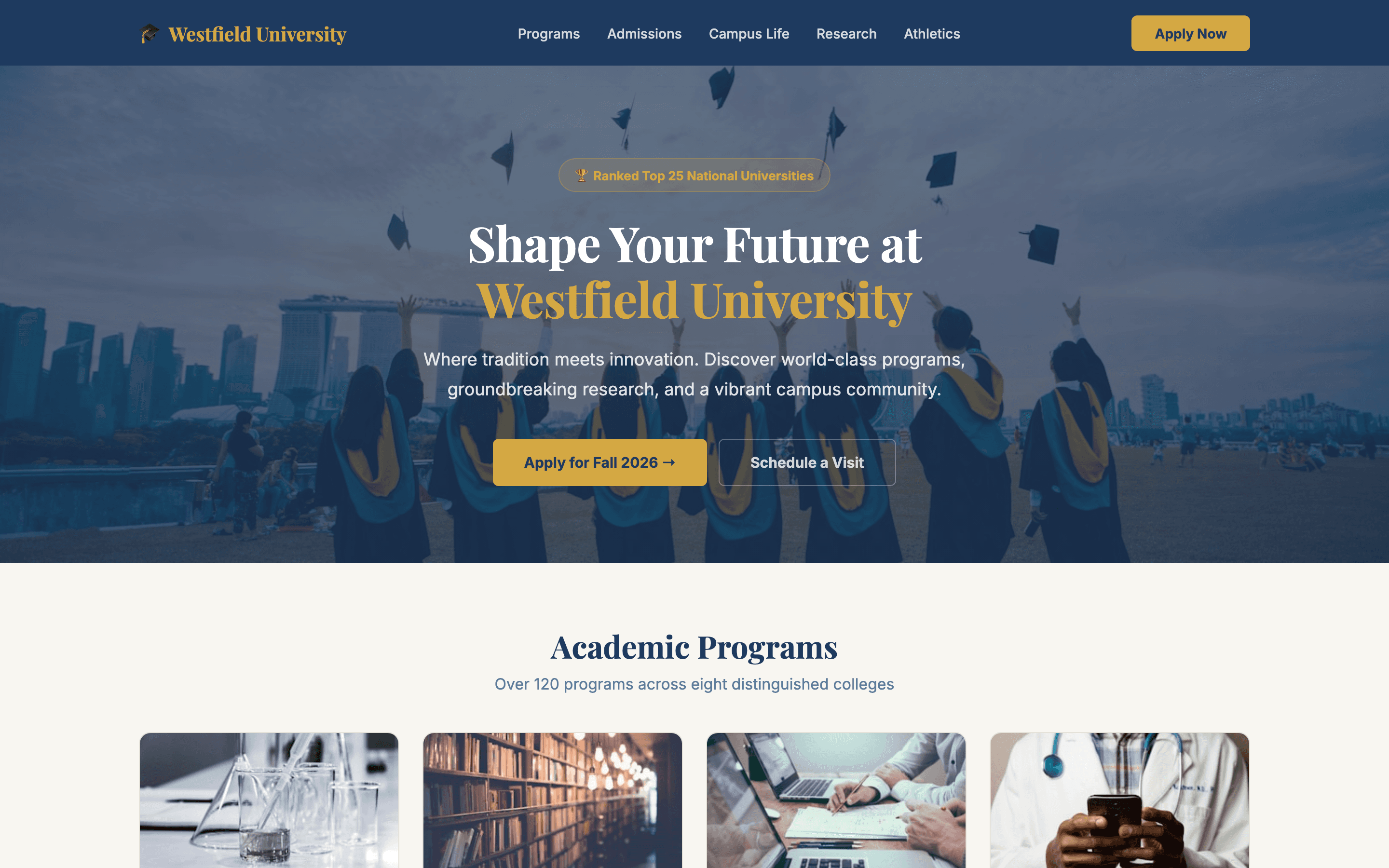 University homepage with academic hero, program highlights, and campus navigation