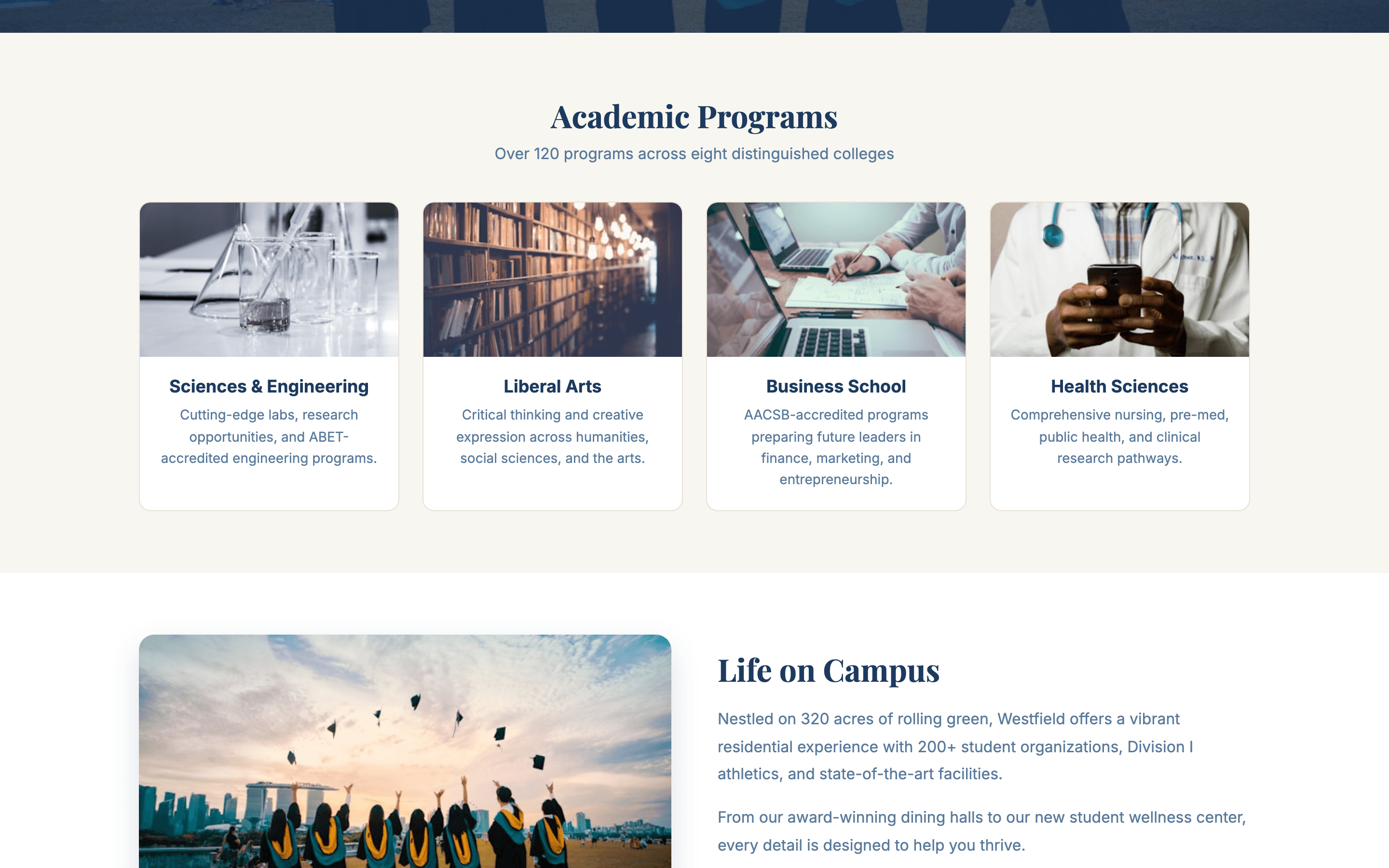 Program catalog showing degree programs and departments